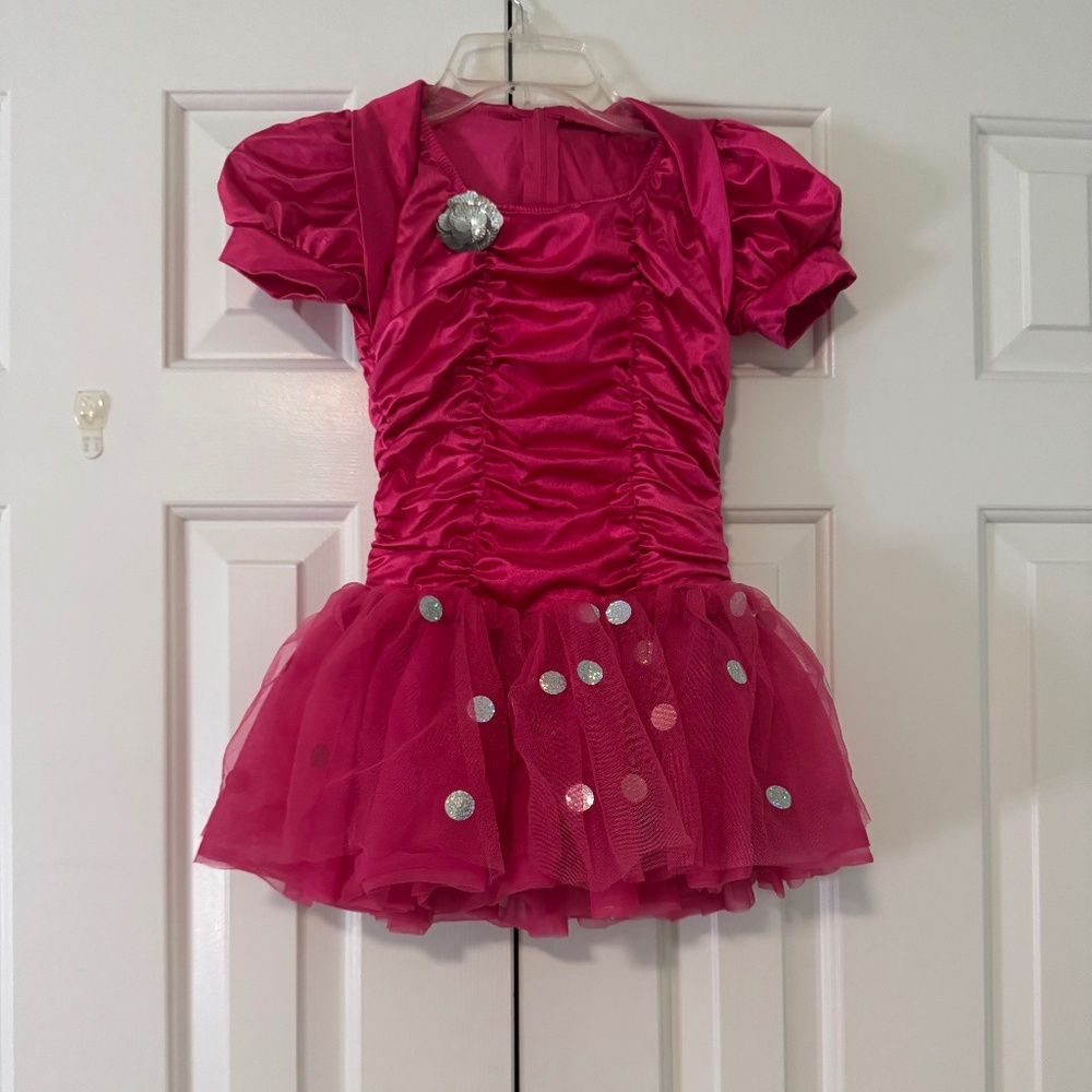 Hot Pink Dance Costume w/ Puff Sleeves & Polka Dot Tulle Skirt
